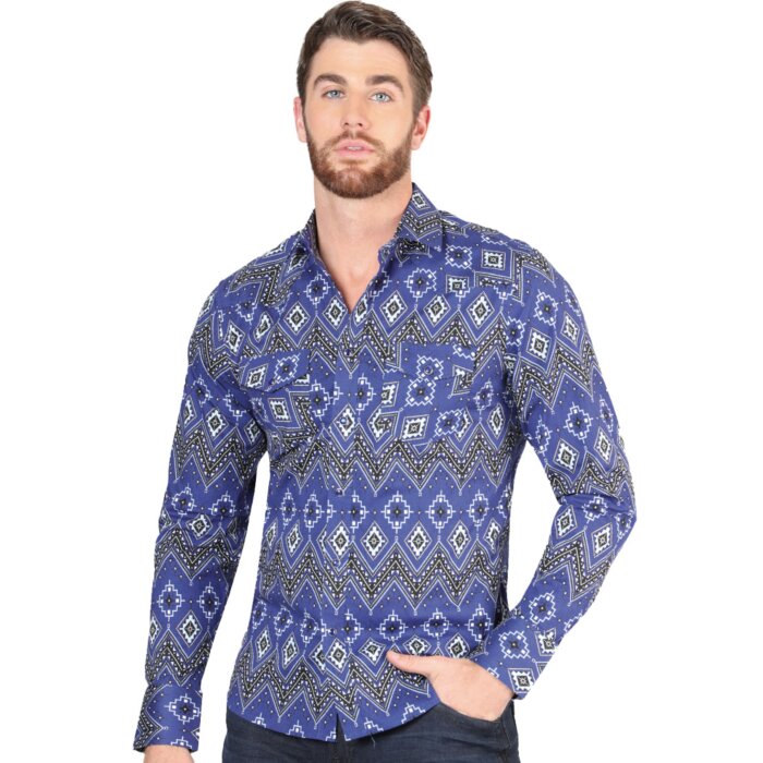Man wearing a blue Western shirt with striking geometric patterns and a confident cowboy style.