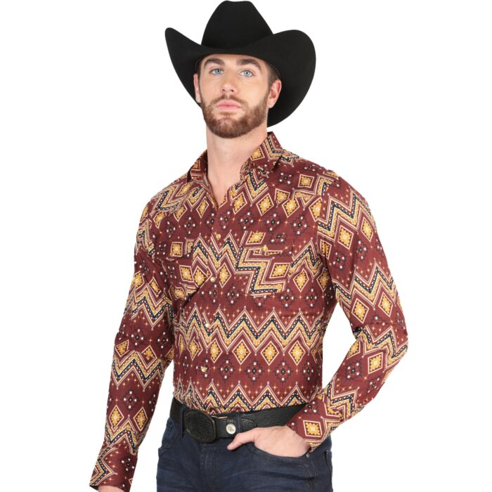 Man in a burgundy Western shirt with intricate geometric patterns, wearing a black cowboy hat.