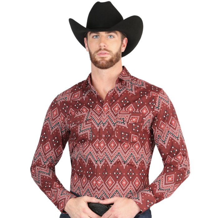 Man wearing a burgundy cowboy shirt with striking Southwestern-inspired patterns and a black cowboy hat.