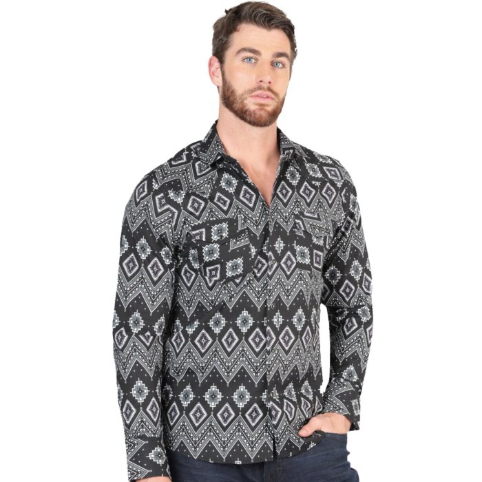 Men's Black Western Shirt with Geometric Pattern – El General 44432