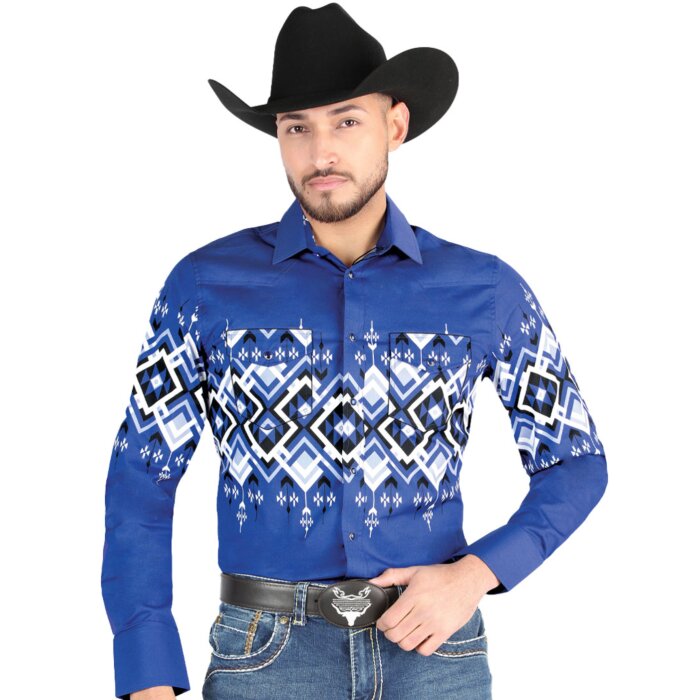 Man wearing a blue Western shirt with bold geometric patterns and snap-button closure, matching boys’ version available.