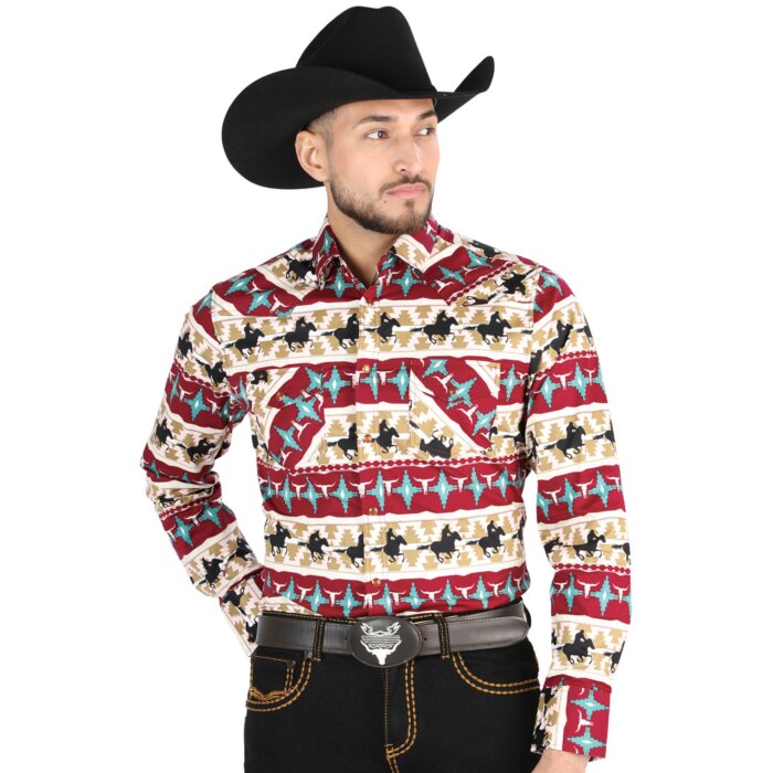 Camisa Vaquera para Hombre con Estampado Cowboy en Rojo y Marfil – El General 44476