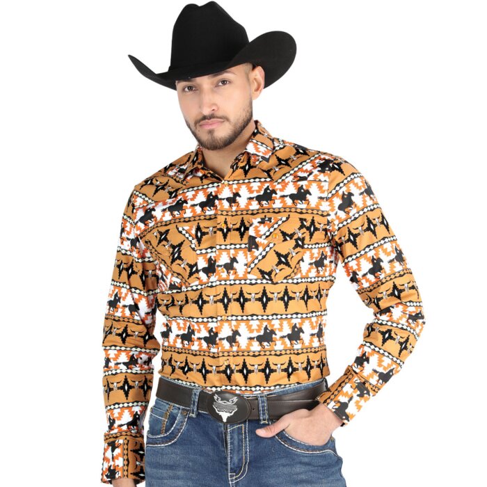 Men's Taupe Western Shirt with Cowboy and Horse Print – El General 44477