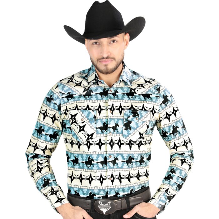 Men’s Long Sleeve Blue Western Shirt with Cowboy and Horse Print – El General 44478