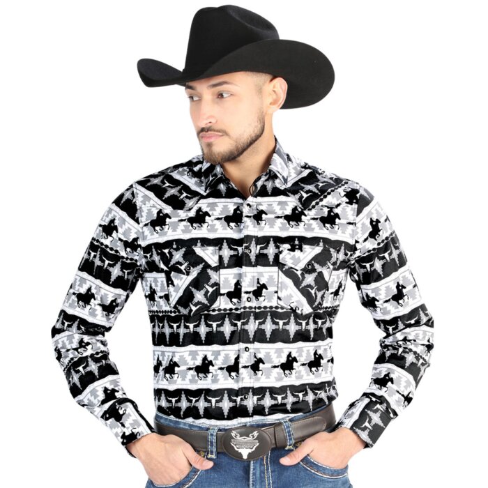 Men's Black and White Cowboy Print Long Sleeve Western Shirt – El General 4483