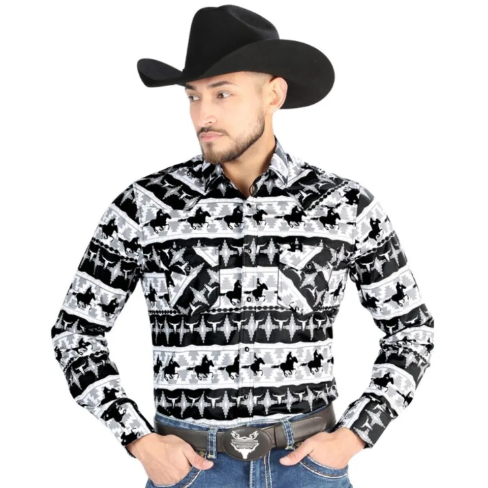 Camisa Vaquera para Hombre con Estampado Cowboy en Blanco y Negro, Manga Larga – El General 4483