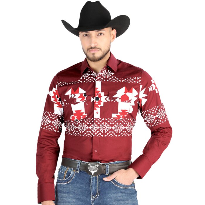 Man wearing a burgundy Western shirt with bold geometric patterns and snap-button closure, perfect for Western-inspired outfits.