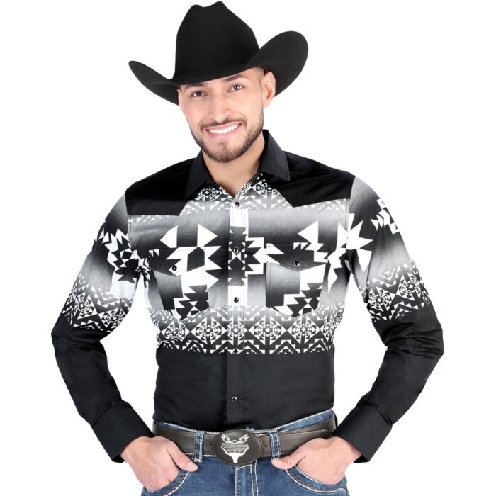 Man wearing a black ombre Western shirt with bold geometric patterns and snap-button closure, perfect for Western fashion.