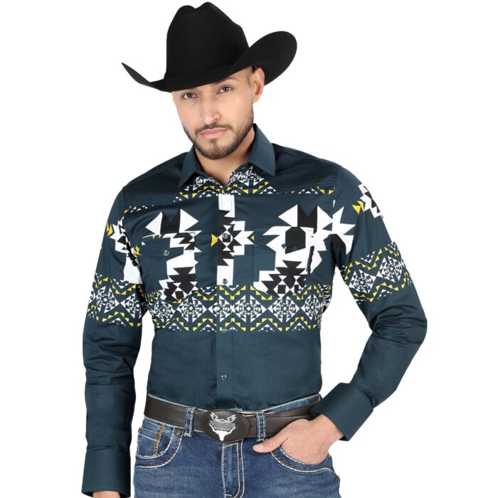 Man wearing a teal Western shirt with bold geometric patterns and snap-button closure, perfect for Western fashion enthusiasts.