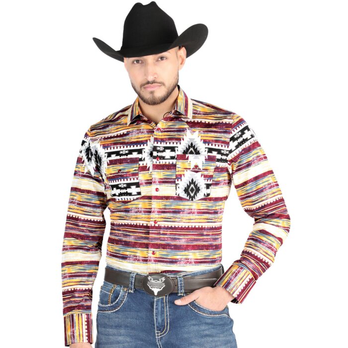 Camisa Vaquera Multicolor con Diseño Tribal a Rayas para Hombre – El General 44487