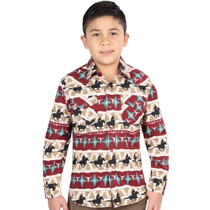 Boys' Cowboy Print Western Shirt in Red and Ivory – El General 44492