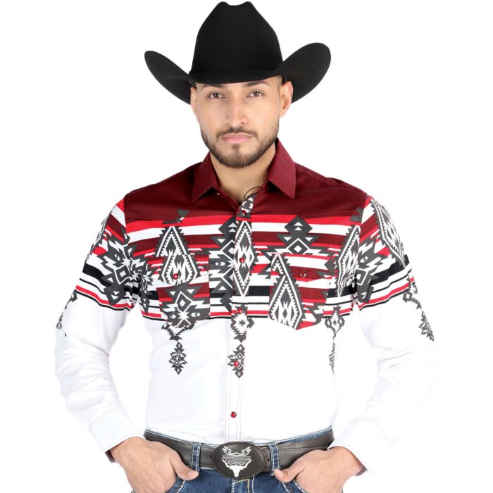 Man wearing a burgundy and white tribal Western shirt with bold patterns and snap-button closure, matching boys’ version available.