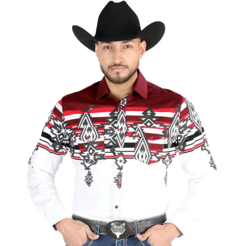 Man wearing a burgundy and white tribal Western shirt with bold patterns and snap-button closure, matching boys’ version available.