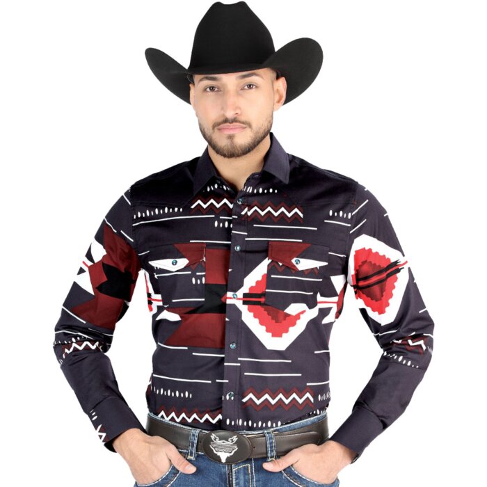 Man wearing a black and burgundy Western shirt with bold geometric patterns and snap-button closure, perfect for a modern cowboy look.
