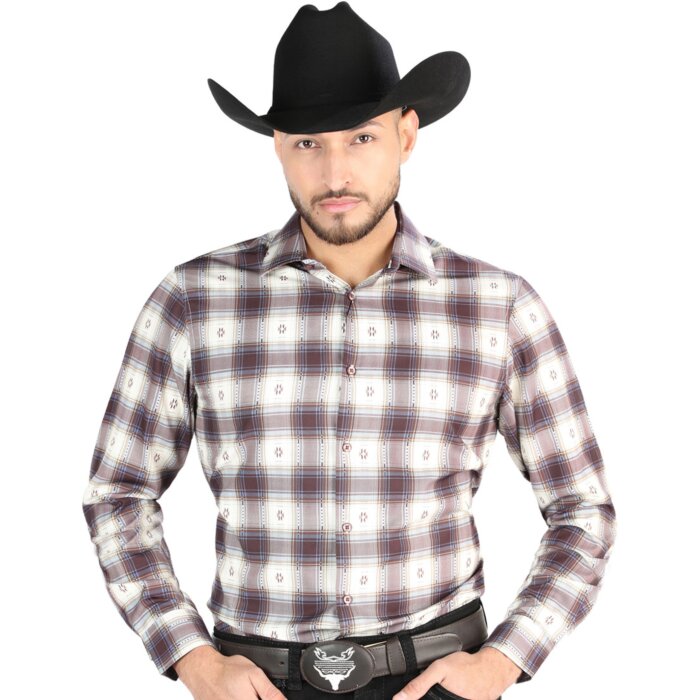 Men's Western Shirt in Beige and Burgundy Plaid, Long Sleeve Version – El General 44713