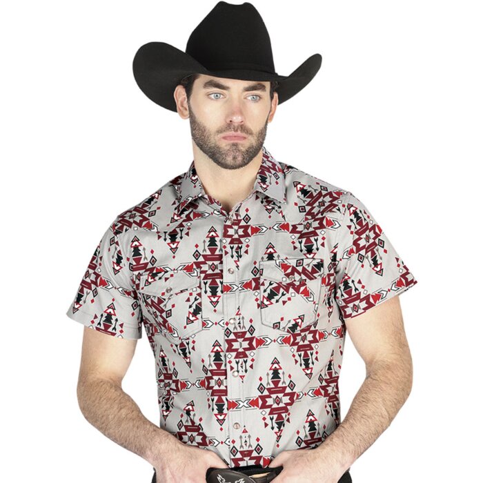Man wearing a gray short-sleeve Western shirt with bold geometric patterns and snap-button closure, perfect for casual cowboy fashion.