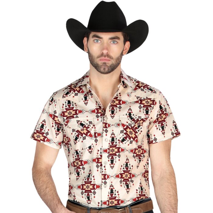 Man wearing an ivory short-sleeve Western shirt with a Santa Fe-inspired geometric design and snap-button closure, perfect for summer cowboy fashion.