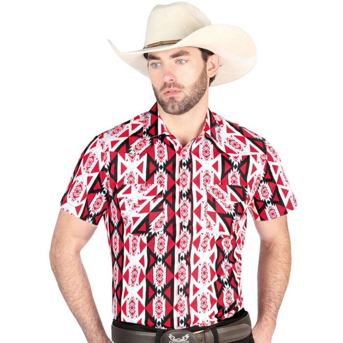 Man wearing a burgundy short-sleeve Western shirt with bold geometric patterns in red, white, and black, featuring snap-button closure for a modern cowboy look.