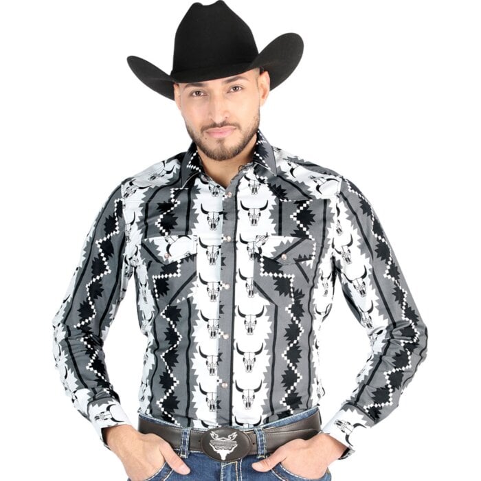Camisa Vaquera Negra con Estampado de Cráneo de Vaca para Hombre – El General 44491
