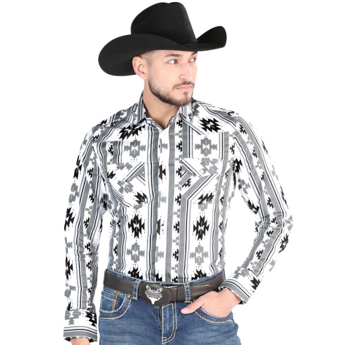 Men's White Western Shirt with Black and Gray Geometric Print – El General 44470