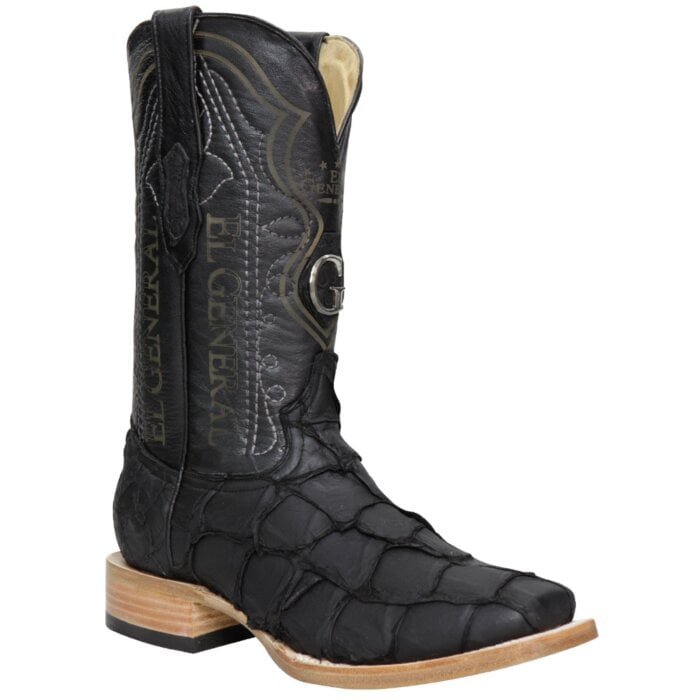 Botas El General 45083 de Monster Fish – Negras Punta Cuadrada con Piel Genuina de Pirarucu