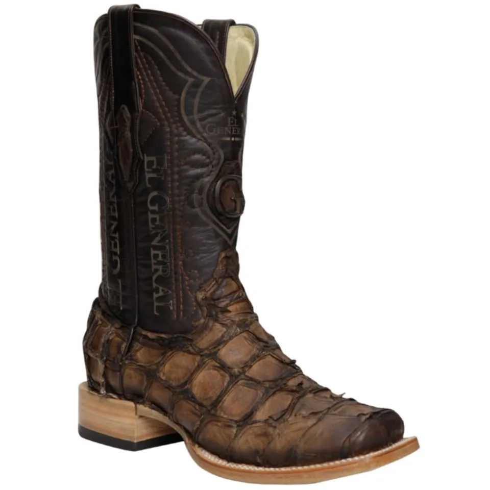 El General 45084 Monster Fish Rodeo Boots – Brown Square Toe with Exotic Pirarucu Leather