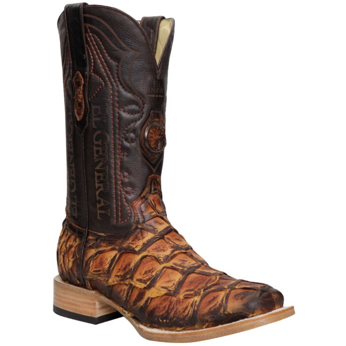 Botas El General 45085 de Piel de Pirarucu – Color Cognac, Punta Cuadrada con Estilo Exótico
