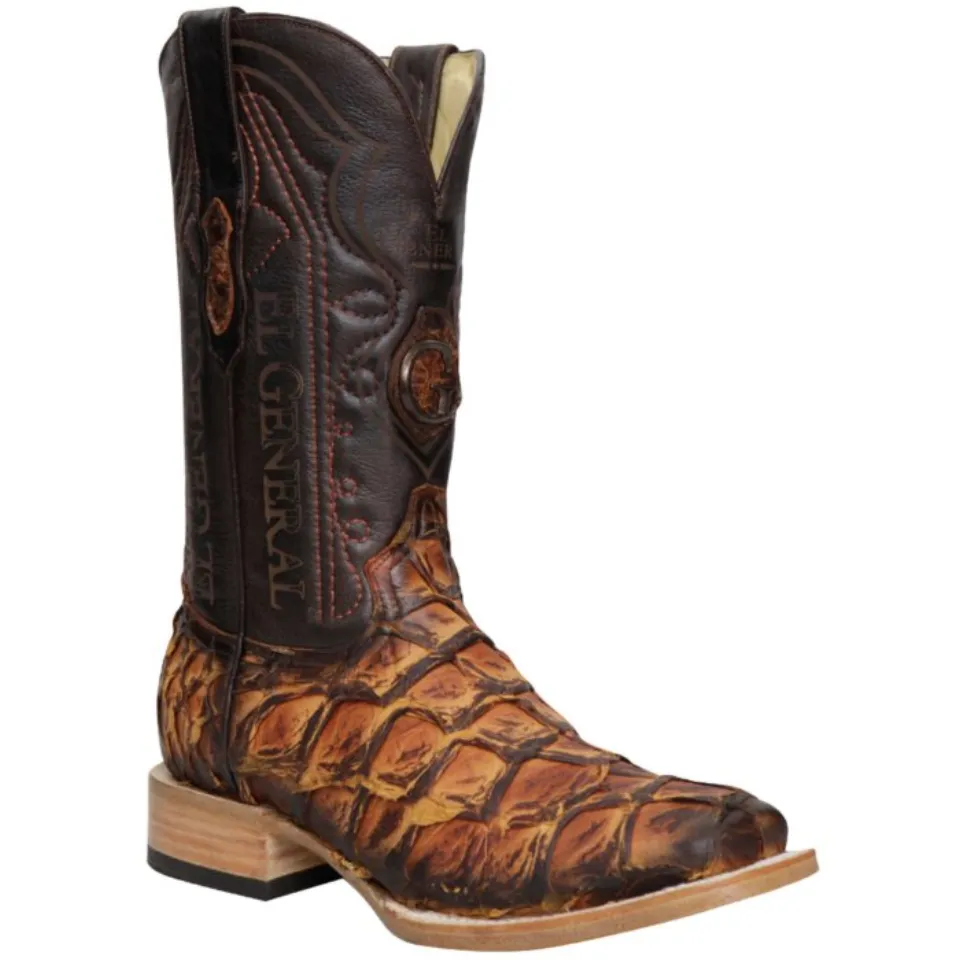 Botas El General 45085 de Piel de Pirarucu – Color Cognac, Punta Cuadrada con Estilo Exótico