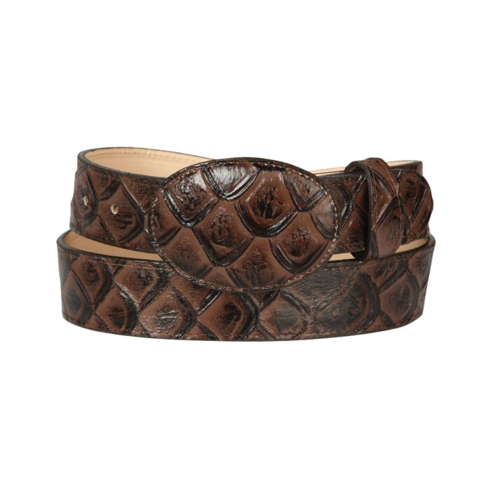 Brown Monster Fish Print Leather Western Belt, Genuine Leather