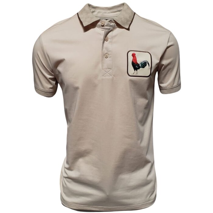 Men’s beige polo shirt featuring a bold embroidered rooster design, crafted from a breathable cotton-polyester blend by Montero.