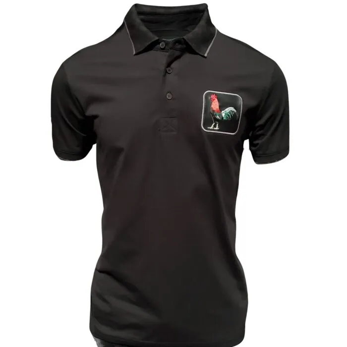 Men’s black polo shirt featuring an embroidered rooster emblem, crafted from a breathable cotton-polyester blend by Montero.