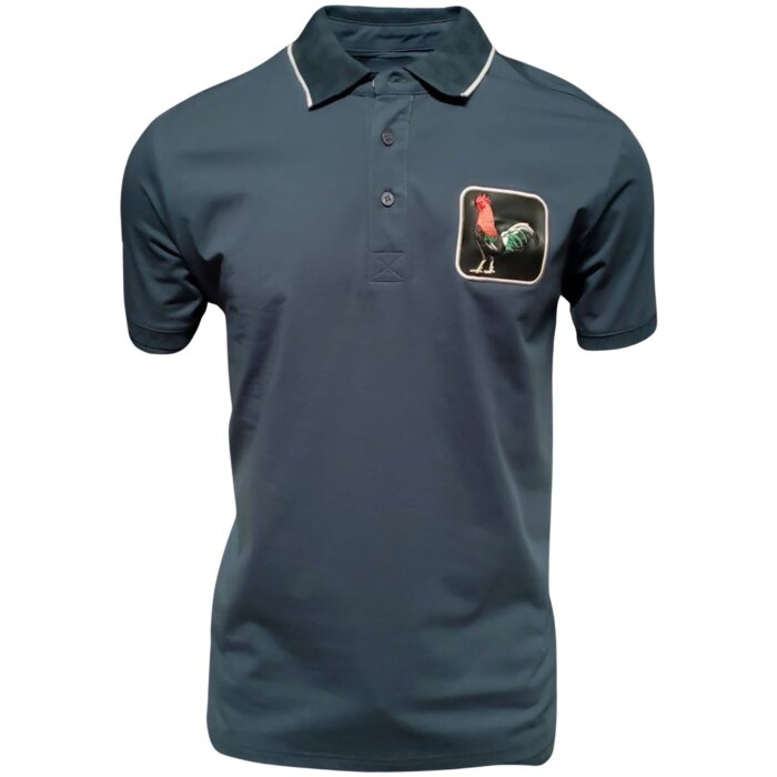 Men’s navy polo shirt featuring a bold embroidered rooster design, crafted from a breathable cotton-polyester blend by Montero.