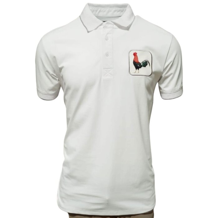 Men’s white polo shirt featuring an embroidered rooster emblem, crafted from a breathable cotton-polyester blend by Montero.