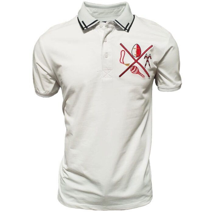 Men’s white polo shirt featuring a tribal-inspired embroidered emblem with crossed weapons, crafted from a soft and breathable cotton-polyester blend by Montero.