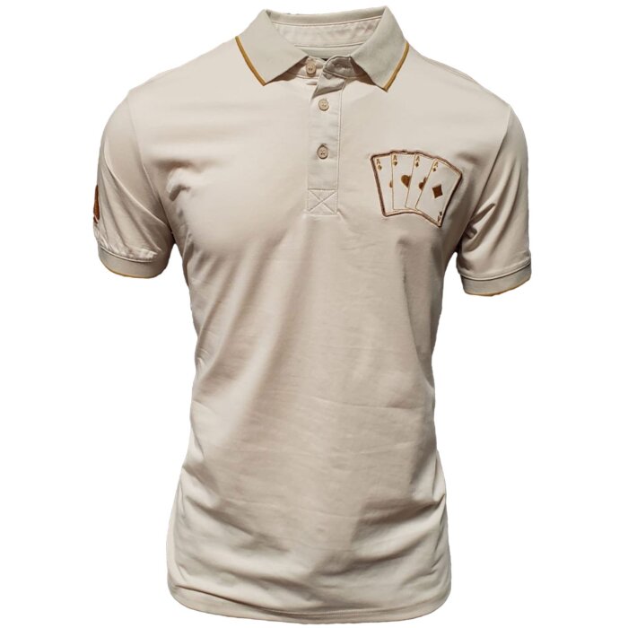Men's beige polo shirt featuring a "Poker of Aces" embroidered design on the chest. Classic polo collar with contrast piping.