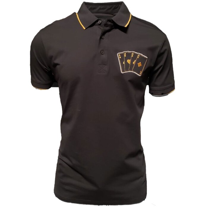 Men's black polo shirt featuring a "Poker of Aces" embroidered design on the chest. Classic polo collar with contrast piping.