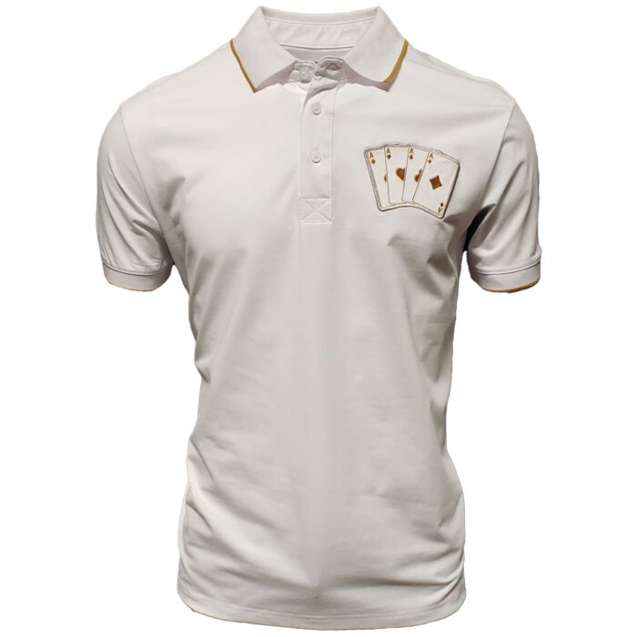 Men's white polo shirt featuring an embroidered "Poker of Aces" design on the chest. Classic polo collar with contrast piping.