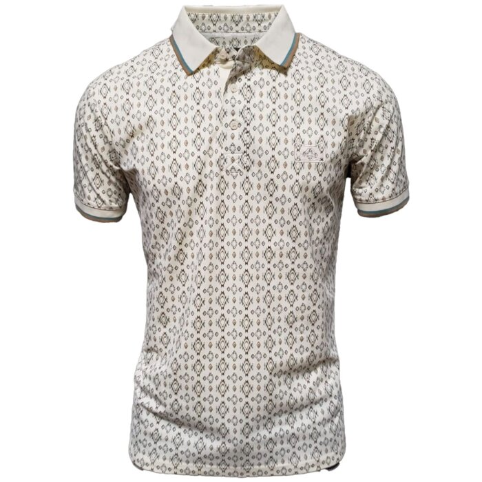 Polo beige para caballero con un elegante patrón geométrico en tonos tierra. Cuello clásico con detalles en contraste.