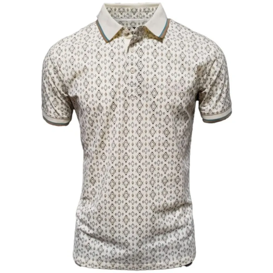 Men's beige polo shirt featuring a detailed geometric pattern in earthy tones. Classic collar with contrast piping.