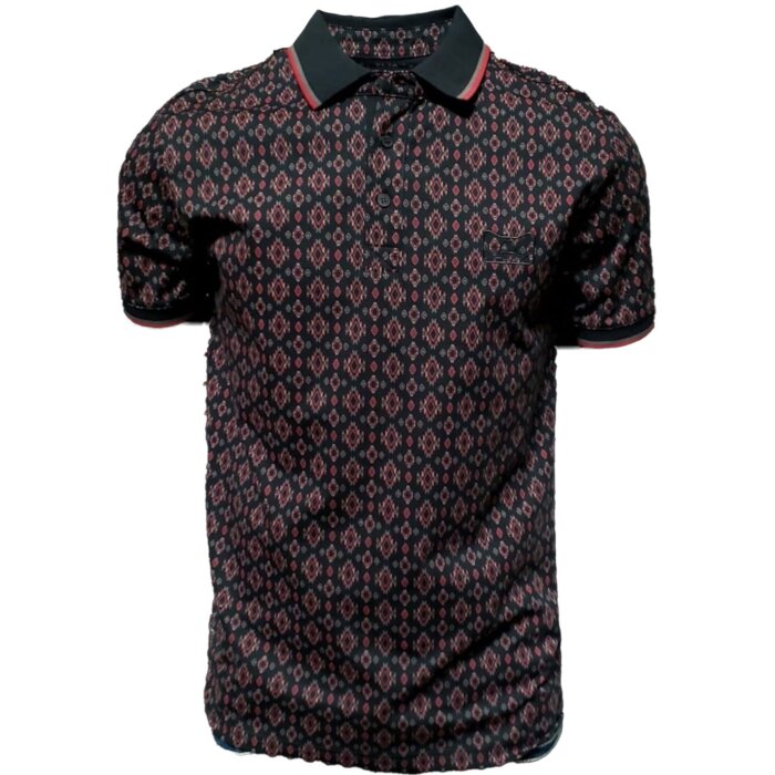 Men's black polo shirt featuring an intricate geometric pattern in red tones. Classic collar with contrast piping.