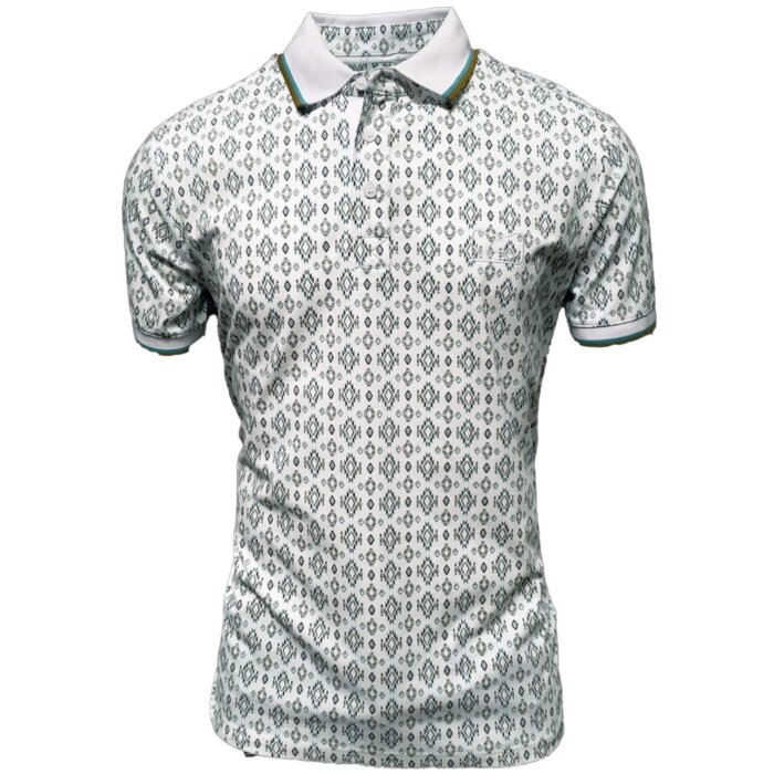 Men's white polo shirt featuring an intricate geometric pattern in green tones. Classic collar with contrast piping.