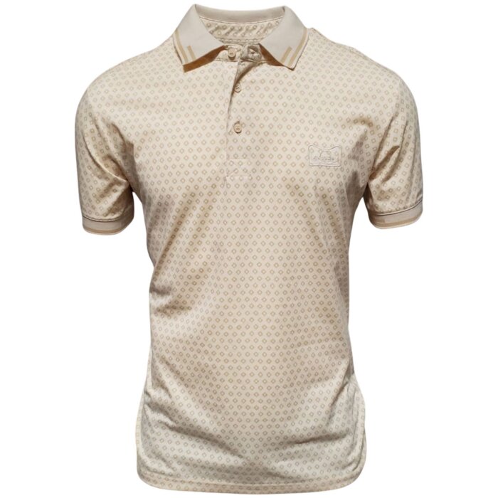 Men’s beige polo shirt featuring a subtle geometric pattern, crafted from a breathable cotton-polyester blend by Montero.