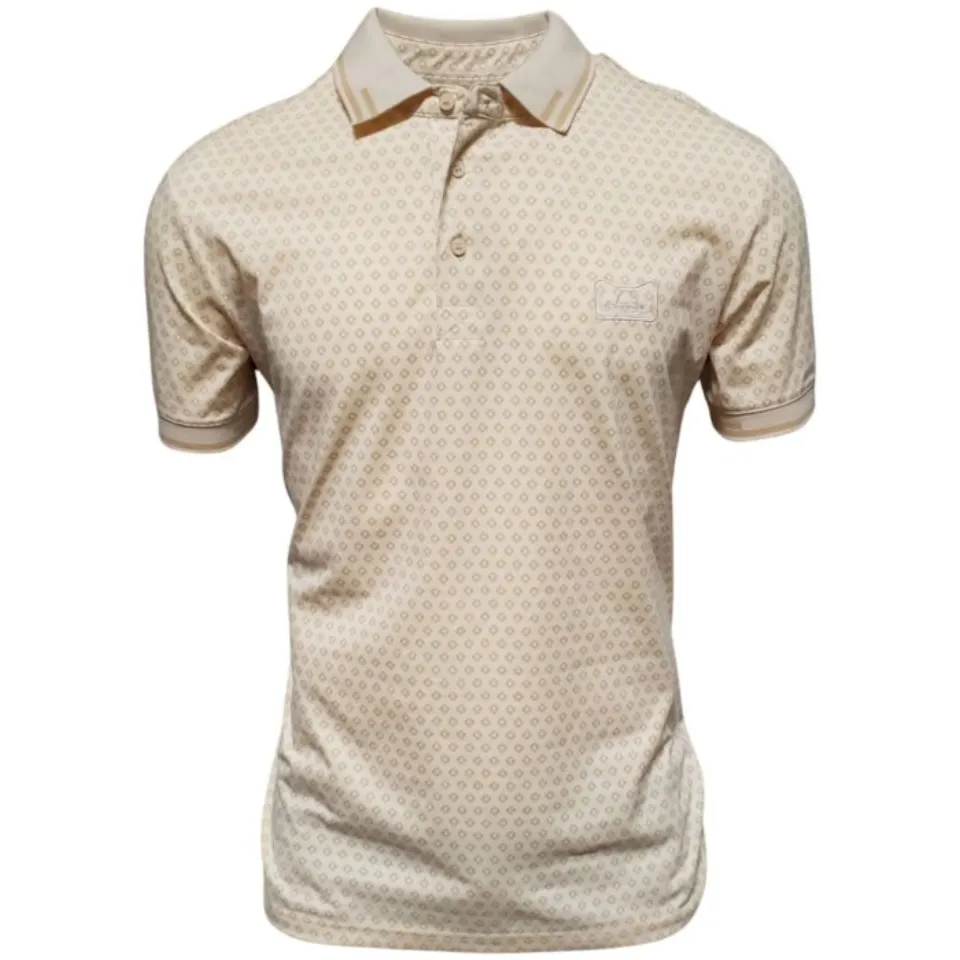 Men’s beige polo shirt featuring a subtle geometric pattern, crafted from a breathable cotton-polyester blend by Montero.
