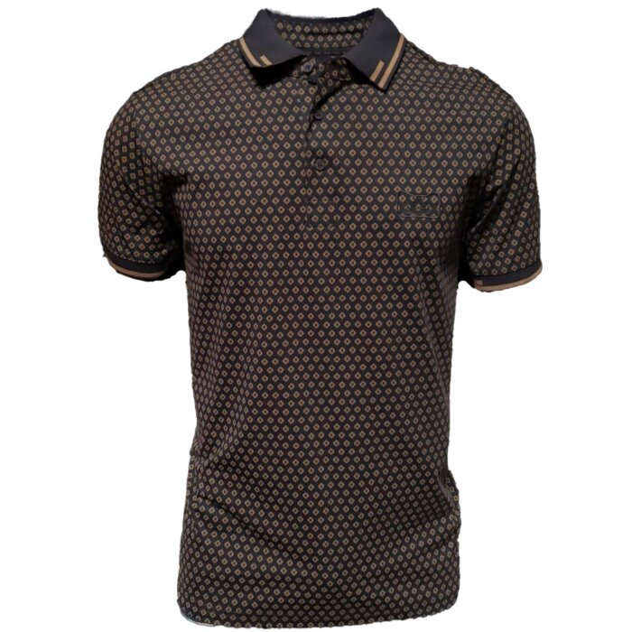 Men's black polo shirt featuring a subtle geometric pattern in gold tones. Classic collar with contrast detailing.