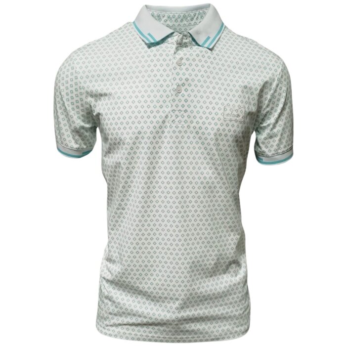 Camisa polo blanca para caballero con un elegante patrón geométrico, confeccionada en una mezcla transpirable de algodón y poliéster por Montero.