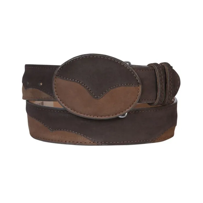 Cinturón Vaquero de Piel Nubuck en Color Chocolate con Hebilla Ovalada y Diseño Bicolor, Hecho en México.