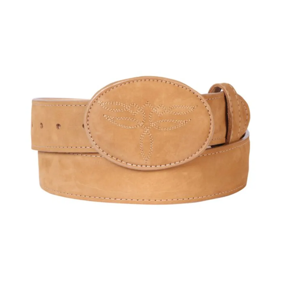 Peach Nubuck Leather Belt with Stitched Oval Buckle, Unisex, Made in Mexico.
