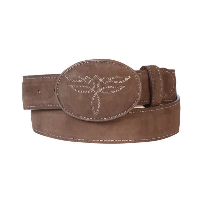 Cinto Western en Piel Nobuk Color Camello con Hebilla Ovalada con Costuras, Unisex, Hecho en México.