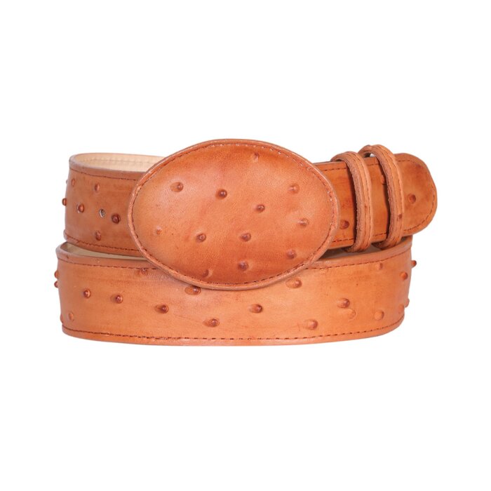 Cognac Ostrich Print Leather Belt with Oval Buckle