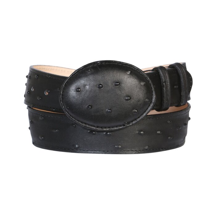 Black Ostrich Print Leather Belt Oval Buckle